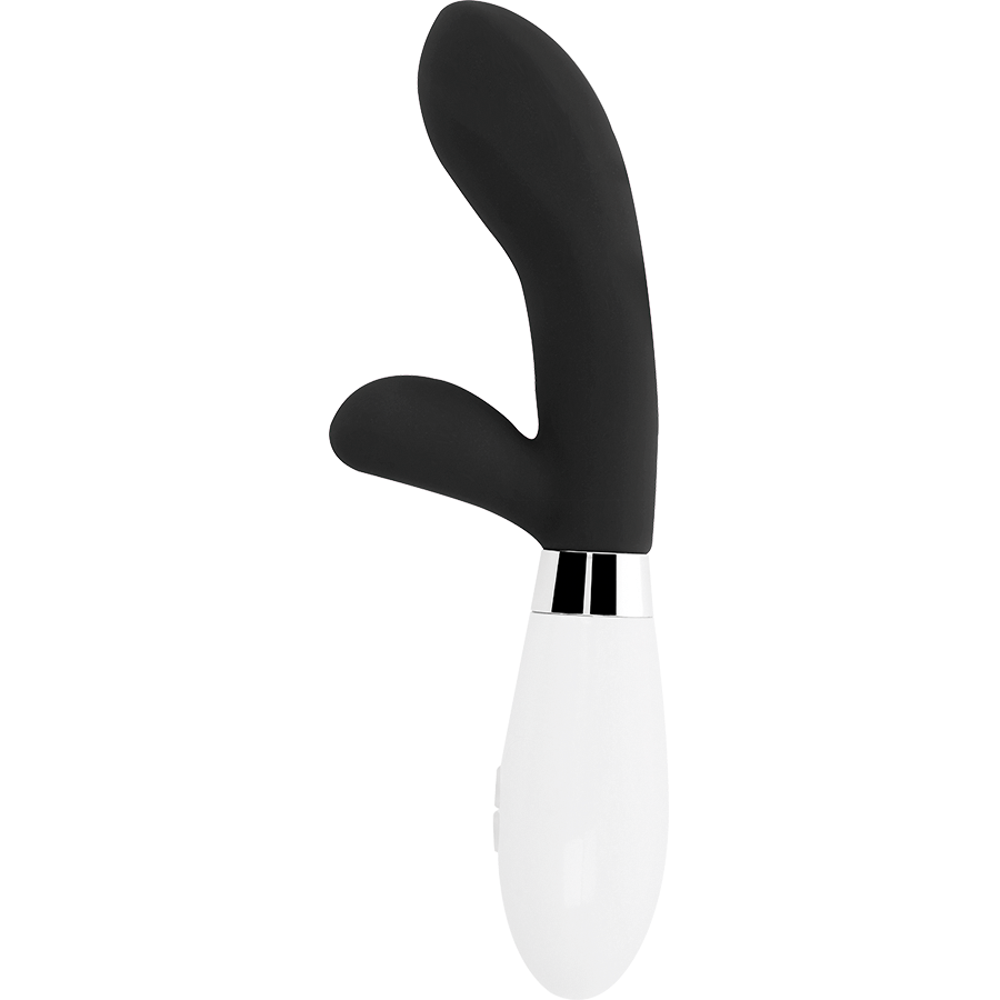 Vibrador Glossy Jackson Coelho Preto de silicone com estimulador clitoriano e motor duplo