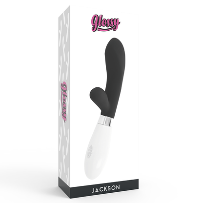 Vibrador Glossy Jackson Coelho Preto de silicone com estimulador clitoriano e motor duplo