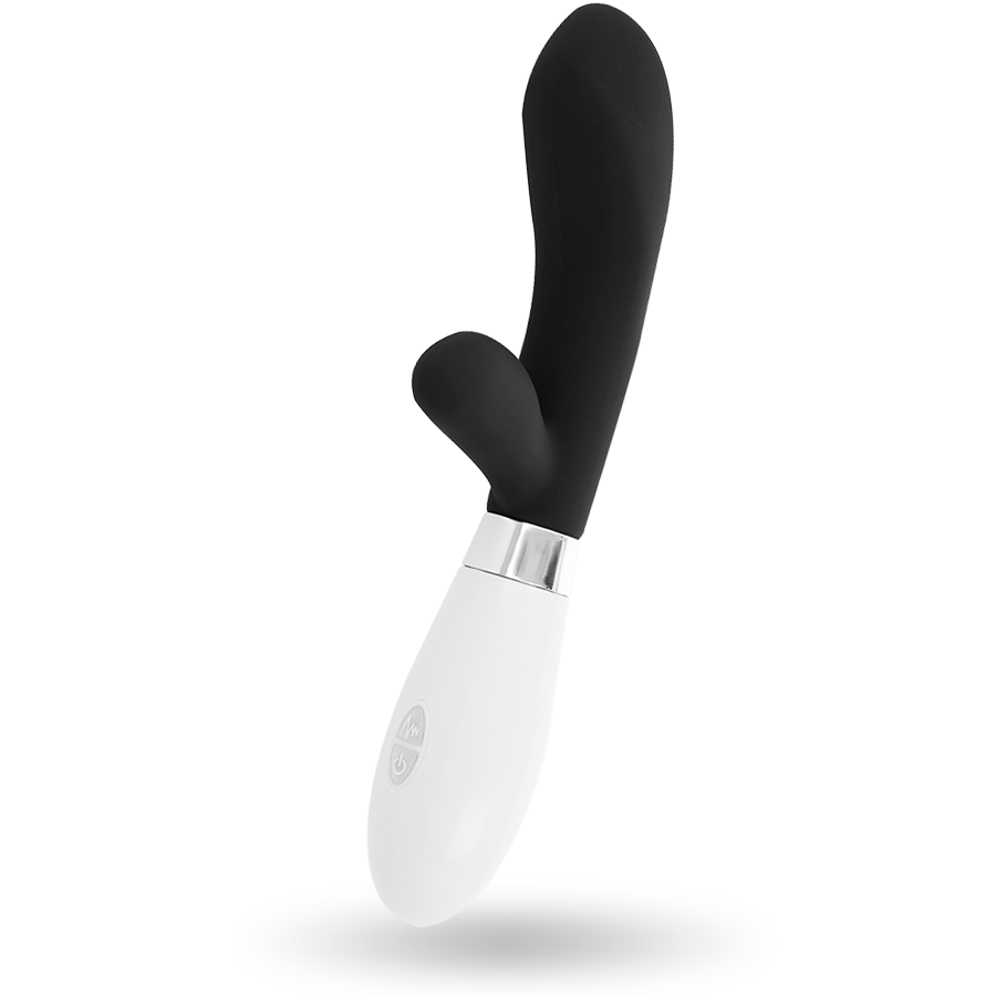Vibrador Glossy Jackson Coelho Preto de silicone com estimulador clitoriano e motor duplo