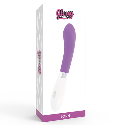 GLOSSY Vibrador John Curvo Roxo, mostrando seu design ergonómico e cor vibrante.