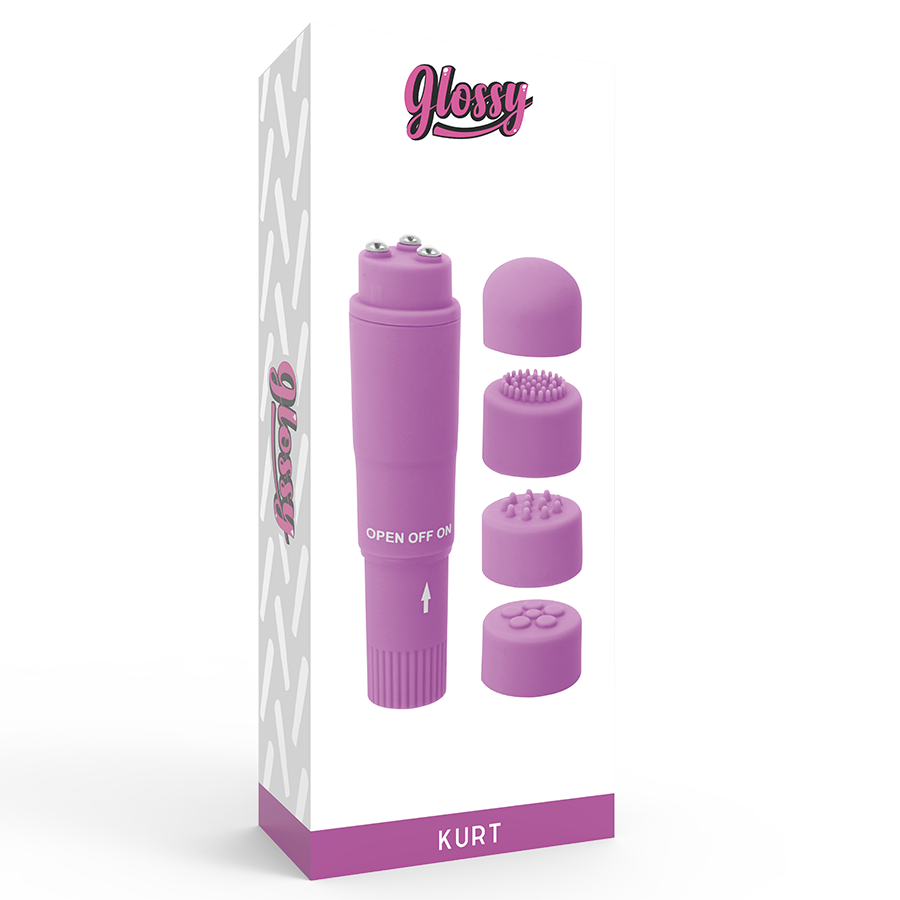 Close-up of the GLOSSY Mini Vibrador Kurt Roxo showing its sleek design and interchangeable heads.