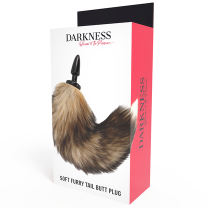 Plug anal Darkness de silicone com cauda natural, detalhe da textura e do design temático.