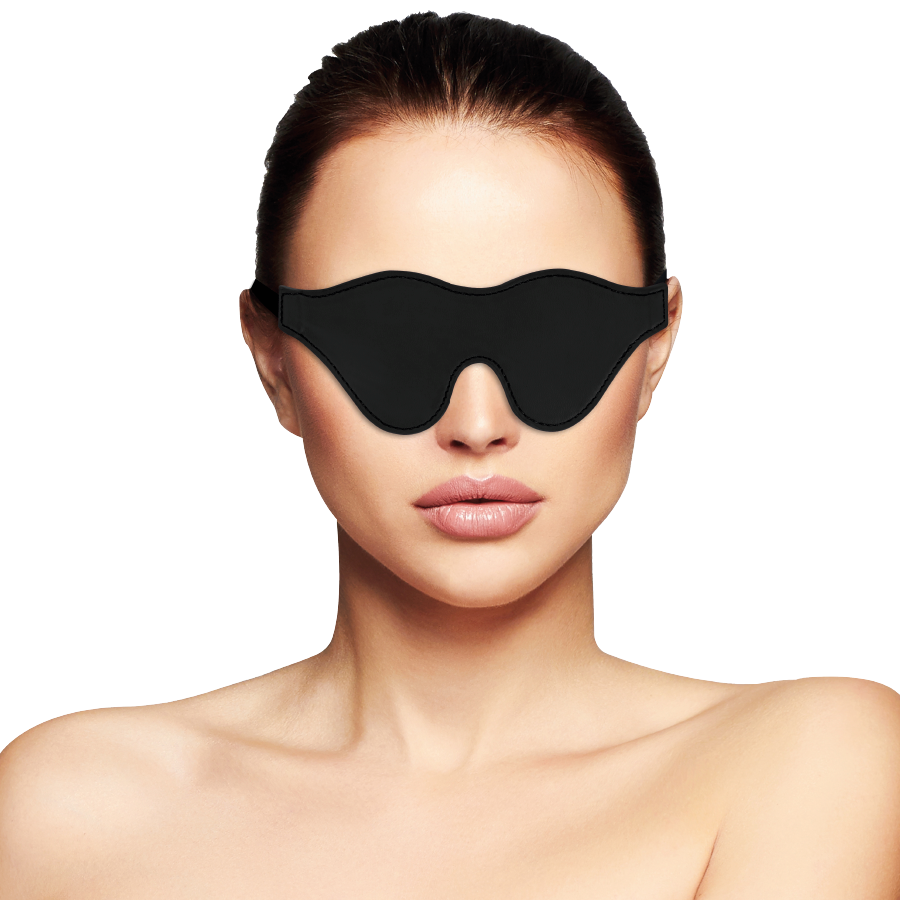 Máscara de Olhos Darkness preta em PVC para jogos sensoriais e BDSM, com faixa elástica ajustável.