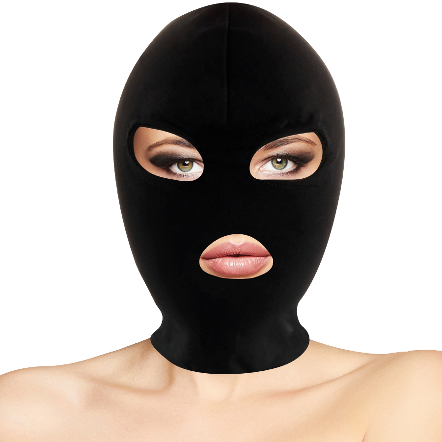 Close-up da Máscara de Submissão Darkness BDSM Spandex Preto, mostrando as aberturas para boca e olhos e o tecido maleável.