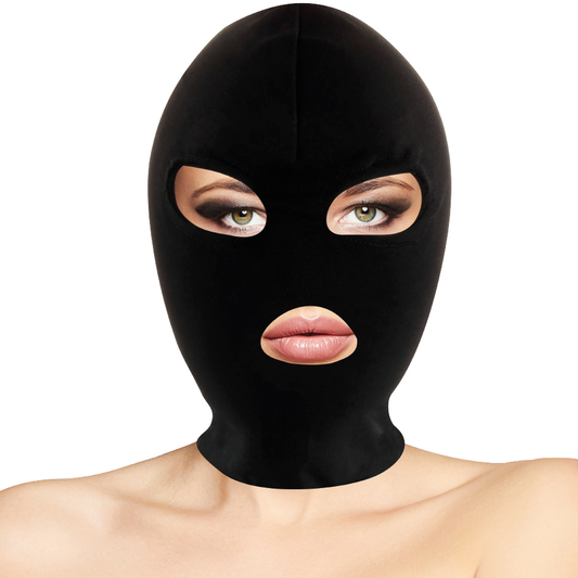 Close-up da Máscara de Submissão Darkness BDSM Spandex Preto, mostrando as aberturas para boca e olhos e o tecido maleável.