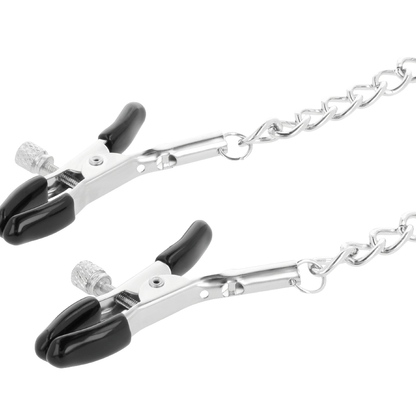 Colar BDSM Darkness com grampos de mamilo pretos e corrente de metal para jogos de bondage e estimulação.