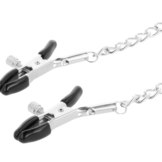 Colar BDSM Darkness com grampos de mamilo pretos e corrente de metal para jogos de bondage e estimulação.