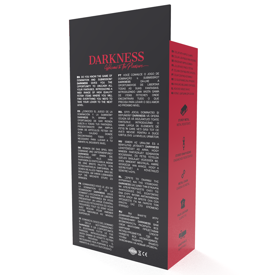 Colar BDSM Darkness com grampos de mamilo pretos e corrente de metal para jogos de bondage e estimulação.