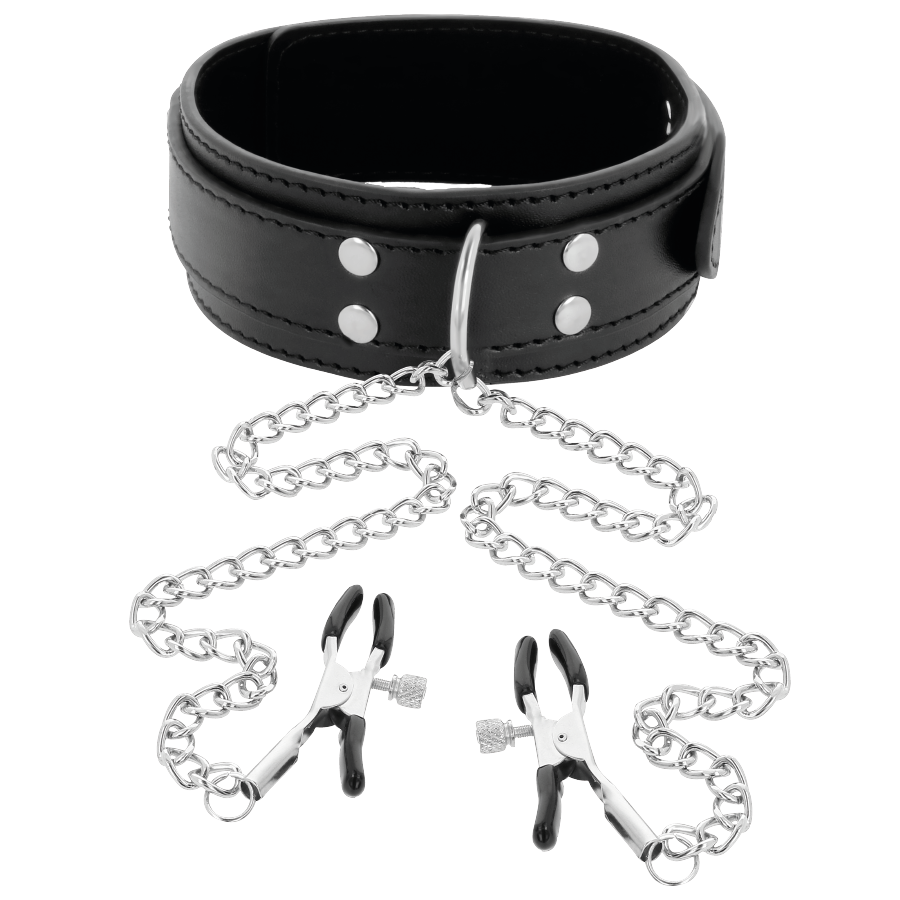Colar BDSM Darkness com grampos de mamilo pretos e corrente de metal para jogos de bondage e estimulação.