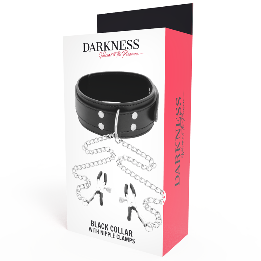 Colar BDSM Darkness com grampos de mamilo pretos e corrente de metal para jogos de bondage e estimulação.