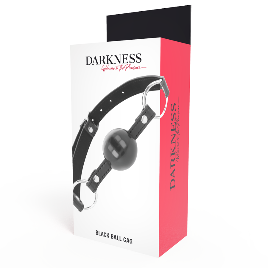 Darkness Mordaça de Bola Preta Ajustável para jogos BDSM, mostrando detalhes do couro e do ajuste.