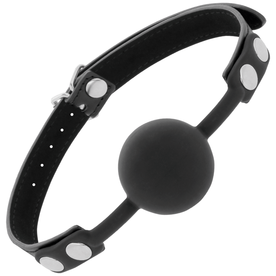 Mordaça de Silicone Preta DARKNESS com tiras de couro ajustáveis, ideal para BDSM.