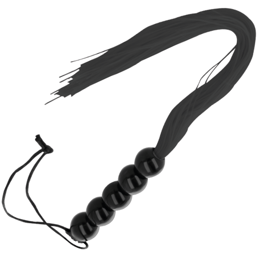 Chicote de bondage fino preto Darkness de 45cm, mostrando o design elegante e o cabo para manuseio.