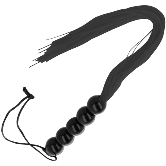 Chicote de bondage fino preto Darkness de 45cm, mostrando o design elegante e o cabo para manuseio.