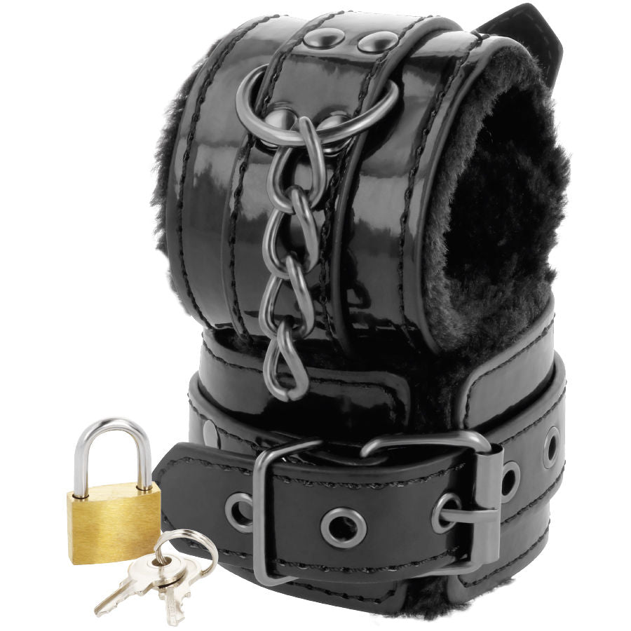 Algemas ajustáveis de tornozelo Darkness em couro preto com cadeado para bondage BDSM