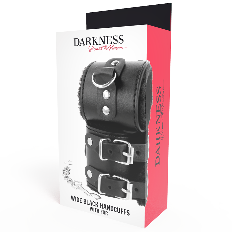 Darkness Algemas de Couro Ajustáveis Pretas com Forro, mostrando o material de couro PVC e o revestimento interno macio.