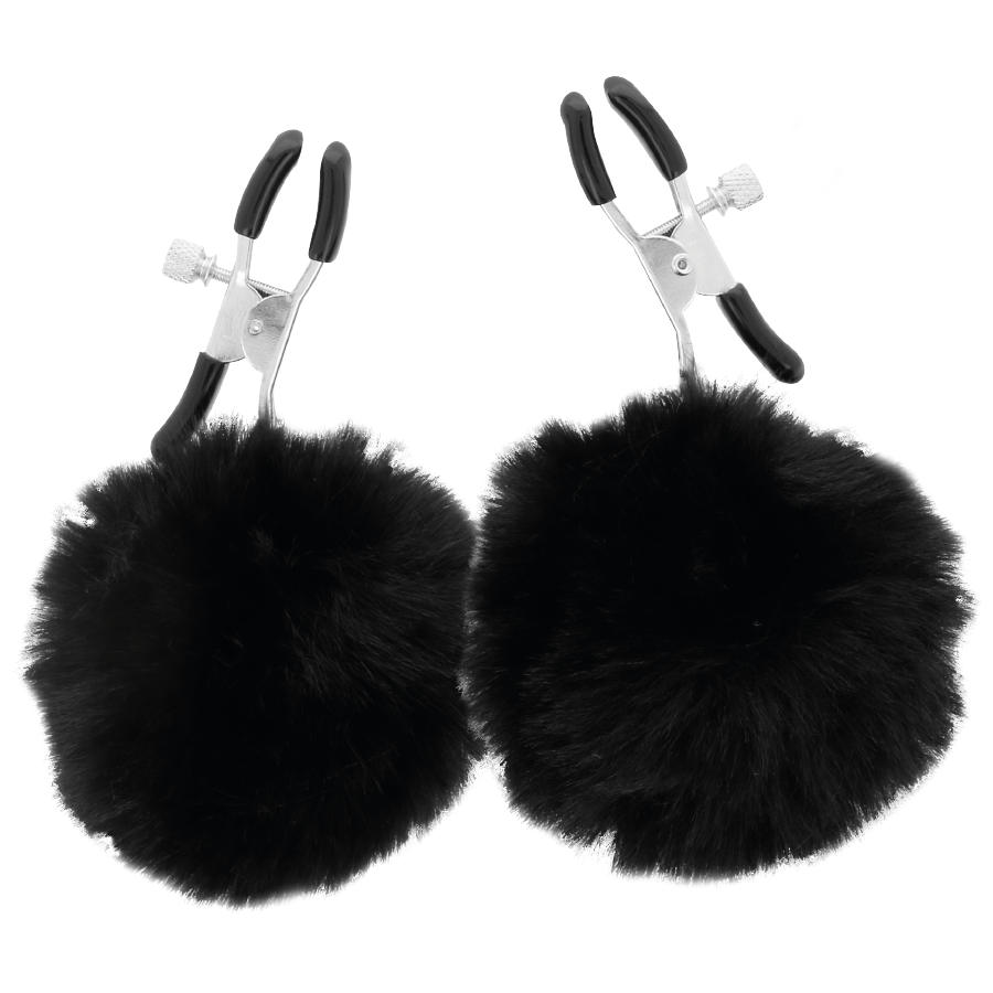 Pinças para bicos Darkness com pompons, ajustáveis para estimulação e jogos BDSM.
