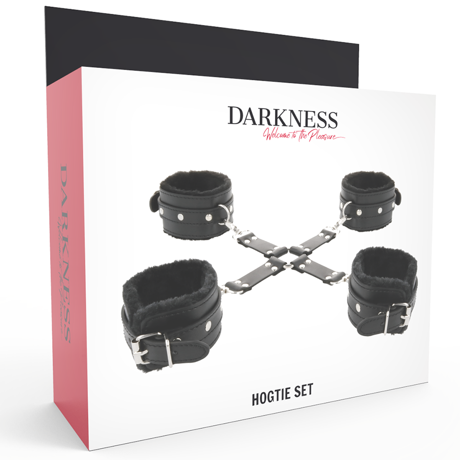 Close-up das algemas Darkness de couro pretas para pés e mãos, destacando o design e os detalhes de costura.