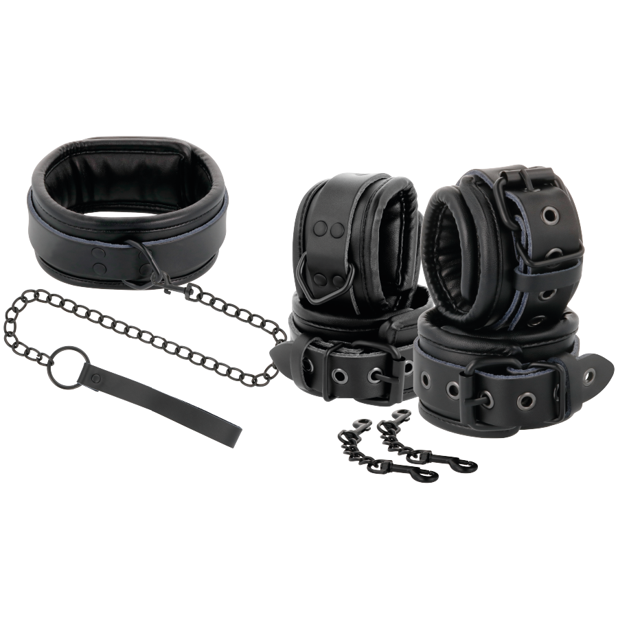 Darkness Conjunto Algemas e Coleira Ajustáveis em Couro Preto