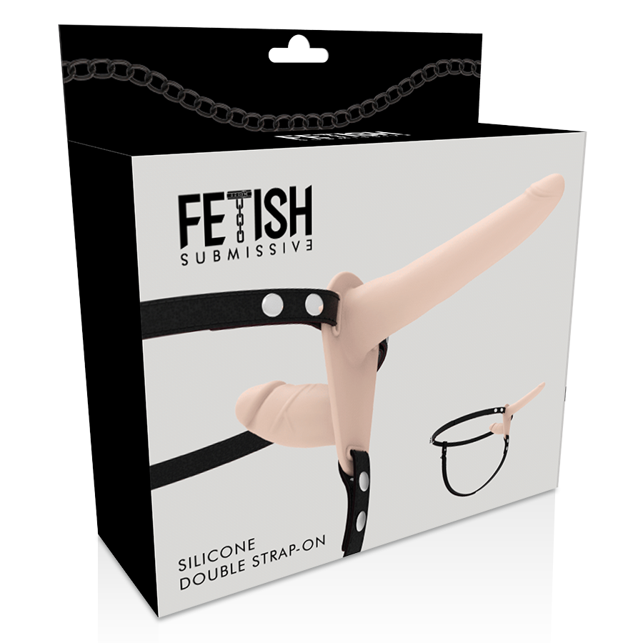 Close-up of the Arnês de Dupla Penetração ajustável com dildos de silicone, ideal para prazer versátil.