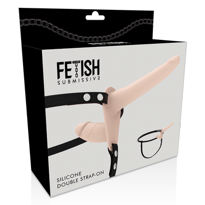 Close-up of the Arnês de Dupla Penetração ajustável com dildos de silicone, ideal para prazer versátil.