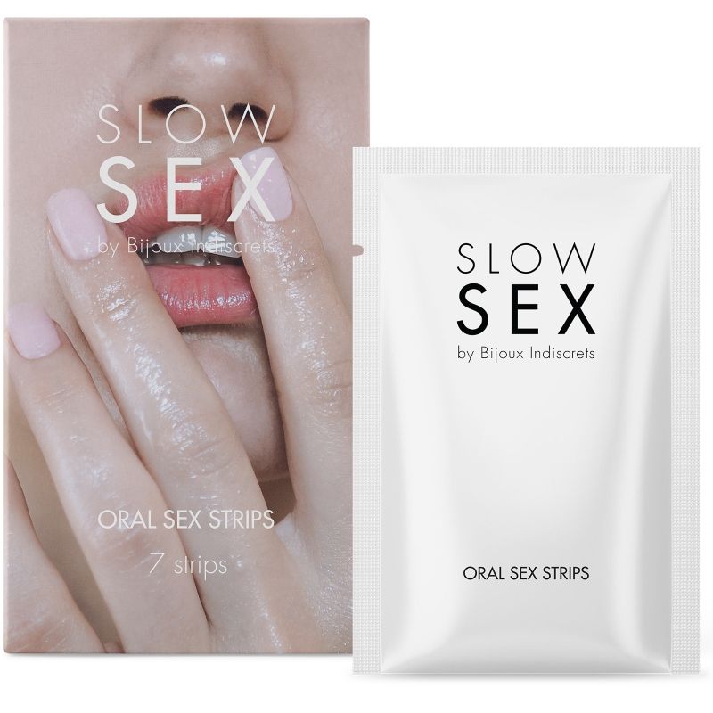 Close-up of the 'BIJOUX Slow Sex Tiras de Sexo Oral Efeito Frio Menta 7 Unidades' showing packaging and product detail.