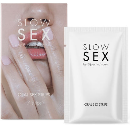 Close-up of the 'BIJOUX Slow Sex Tiras de Sexo Oral Efeito Frio Menta 7 Unidades' showing packaging and product detail.