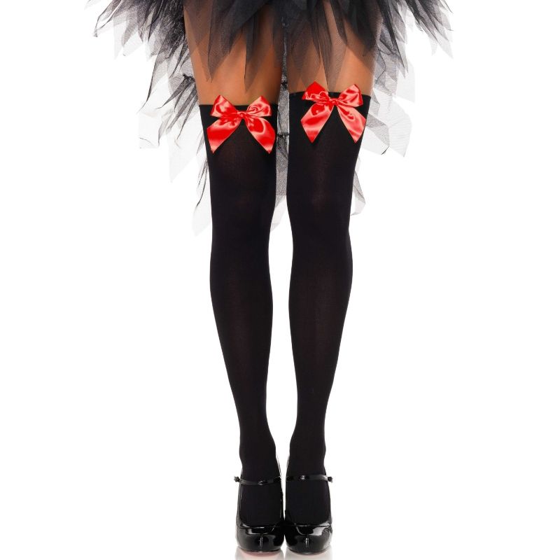 LEG AVENUE - PANTALONES DE NYLON NEGROS CON LAZO ROJO, TALLA ÚNICA