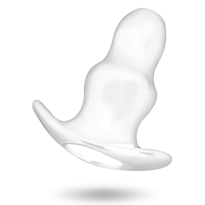 Close-up of the ADDICTED TOYS Large 13cm Anal Dilator with Hollow Tunnel, showing its transparent TPE material and two rings.