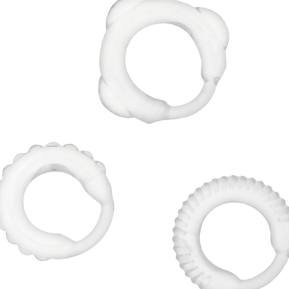Imagem do Conjunto de Anéis Penianos ADDICTED TOYS Claro, mostrando os três tamanhos e o material transparente.