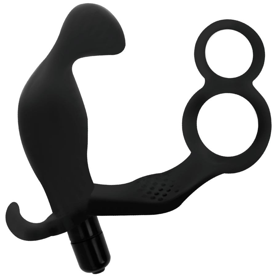 Close-up of the ADDICTED TOYS Plug Anal Vibratório com Anel Peniano Duplo e Testículos, showing its black color and smooth TPR texture.