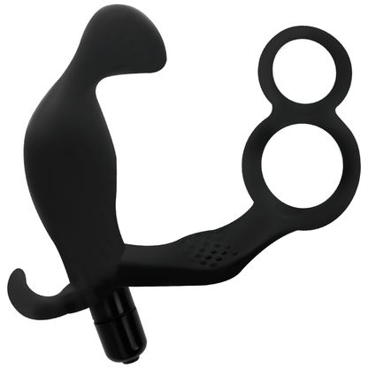 Close-up of the ADDICTED TOYS Plug Anal Vibratório com Anel Peniano Duplo e Testículos, showing its black color and smooth TPR texture.