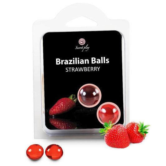 Close-up das 2 Bolas Brasileiras de Morango Secretplay para massagem corporal e prazer sensorial.