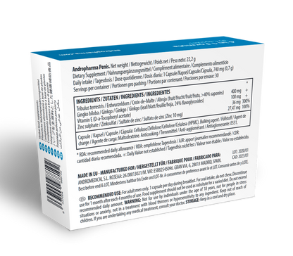 Embalagem de ANDROPHARMA Suplemento de Aumento Peniano 30 Cápsulas, com destaque para a marca e as cápsulas.