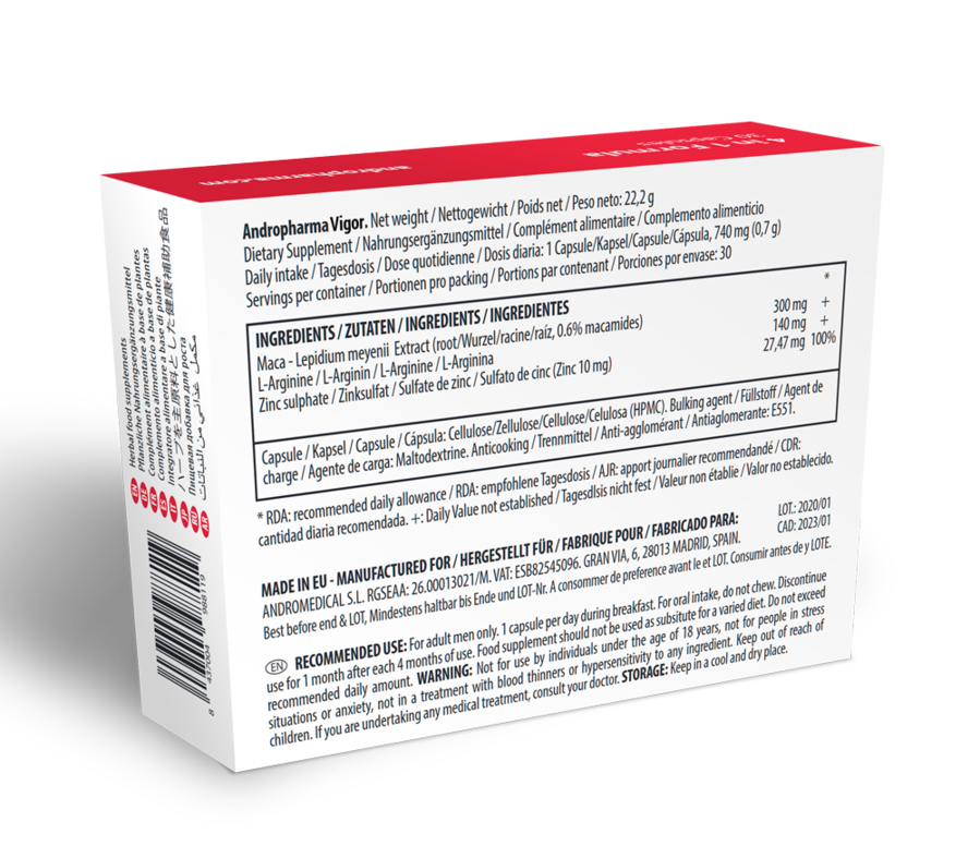 Embalagem do suplemento ANDROPHARMA VIGOR para aumento da libido masculina