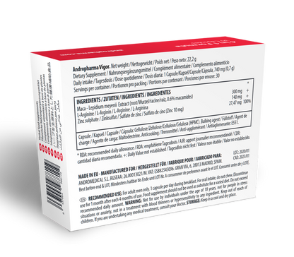 Embalagem do suplemento ANDROPHARMA VIGOR para aumento da libido masculina
