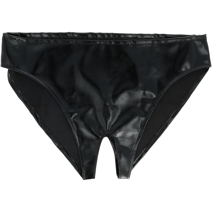 Calcinha Fetiche Darkness com abertura unissexo para jogos de BDSM.