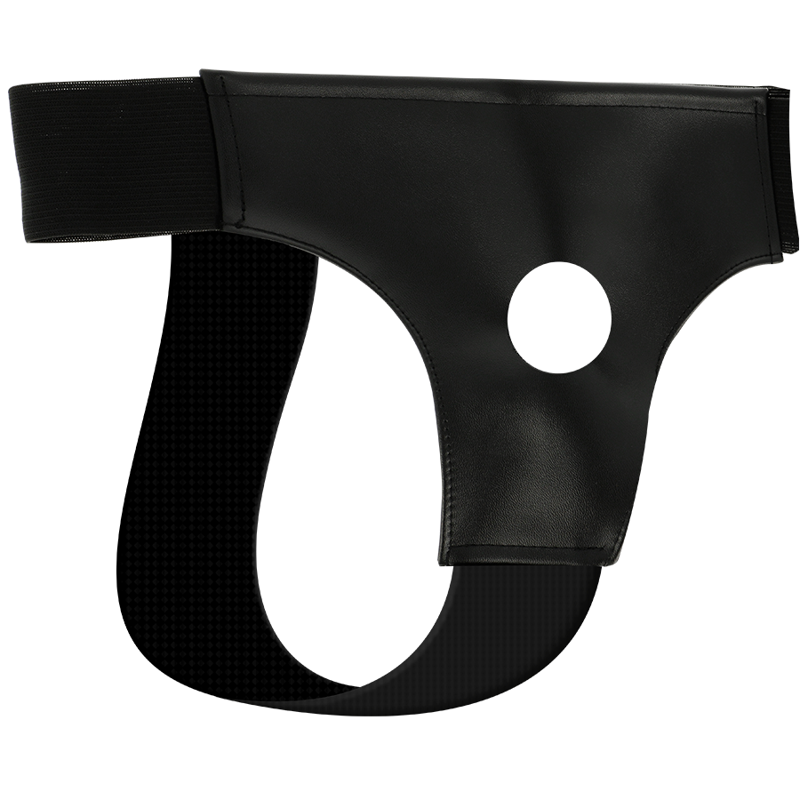 Arnês DARKNESS em couro PU com furo para vibrador, tamanho único e ajustável.