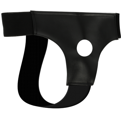 Arnês DARKNESS em couro PU com furo para vibrador, tamanho único e ajustável.