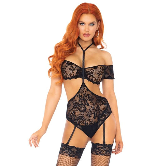 LEG AVENUE Conjunto Lingerie 2 Peças de Renda Preto S/M com Teddy e Arnês Halter.