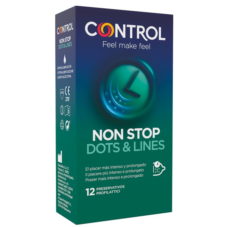 Embalagem dos Preservativos CONTROL Nonstop Pontos e Estrias Retardadores 12 Unidades