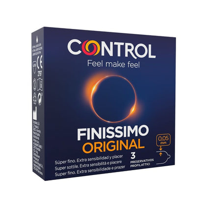 Embalagem dos Preservativos Control Finíssimo 3 Unidades, destacando a espessura fina.