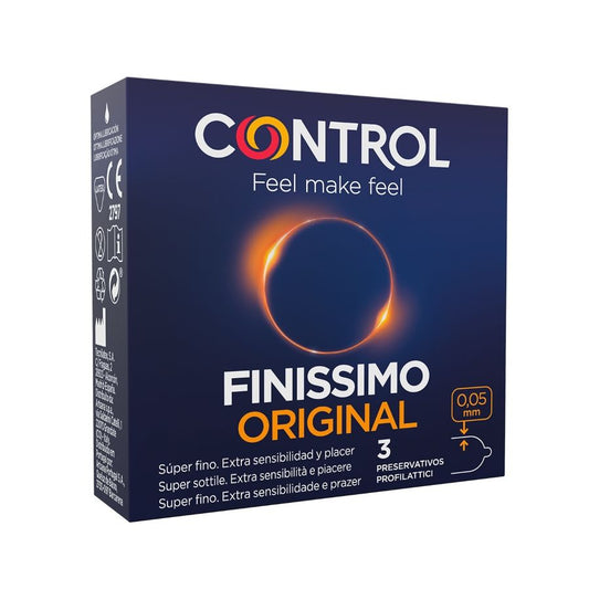 Embalagem dos Preservativos Control Finíssimo 3 Unidades, destacando a espessura fina.