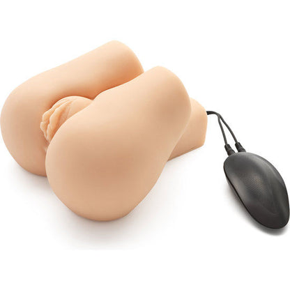 Close-up do Masturbador ACT Nasty Nympho Bouncer com vibrador, mostrando seus orifícios realistas e textura.