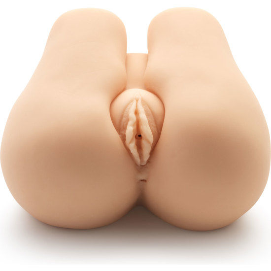 Close-up do Masturbador ACT Nasty Nympho Bouncer com vibrador, mostrando seus orifícios realistas e textura.