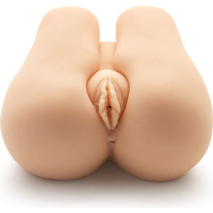 Close-up do Masturbador ACT Nasty Nympho Bouncer com vibrador, mostrando seus orifícios realistas e textura.