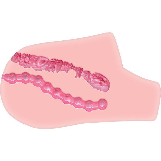 Close-up do Masturbador ACT Nasty Nympho Bouncer com vibrador, mostrando seus orifícios realistas e textura.