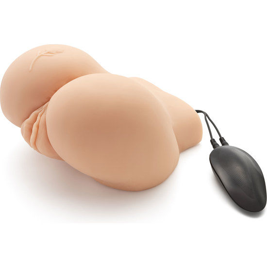 Masturbador realístico ACT Big Ass com vibrador, mostrando o design anatómico e as entradas duplas.