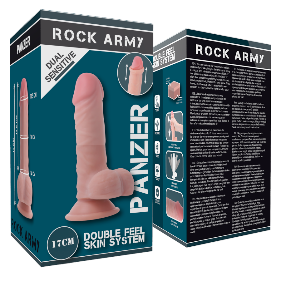 ROCKARMY Dildo Realista Dual Density Panzer de 17cm com ventosa, detalhe da textura e formato natural.