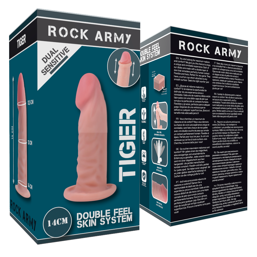 Dildo realista ROCKARMY Dual Density Tiger com base de ventosa e textura natural.
